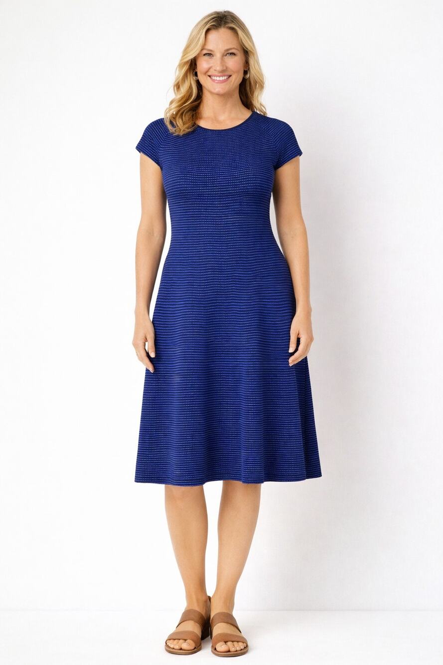 Escada Womens Blue Short Cap Sleeve A Line Dress Round Neck Knit Size XL Black